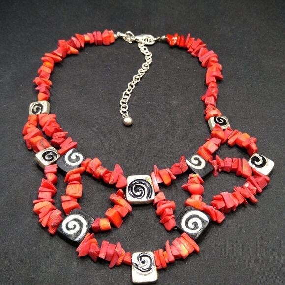 Chico's Red Gemstone Enamel Necklace, Red Silver Black Beads, 19 Inches - Picture 5 of 7